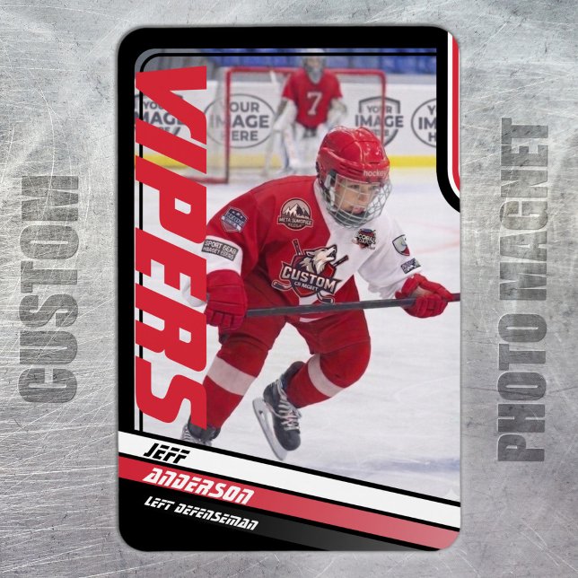 Ice Hockey Player Keepsake On Dynamic Red Magnet (Ice Hockey: Stand out with this red and black magnet featuring customizable player image and team.)