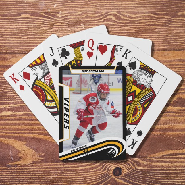 Ice Hockey Player Keepsake On Lively Yellow Custom Playing Cards (Yellow playing cards capture ice hockey memories. Perfect souvenir or gift idea!)