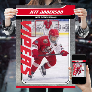 Ice Hockey Player On Customizable Red Metal Poster