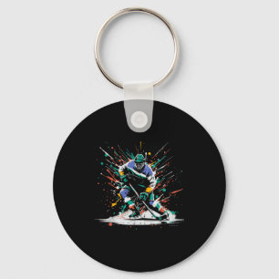 Ice Hockey Player Paint Splatter Art Srts Men Boys Keychain