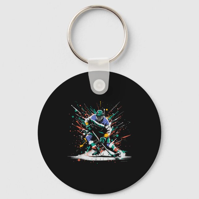 Ice Hockey Player Paint Splatter Art Srts Men Boys Keychain (Front)