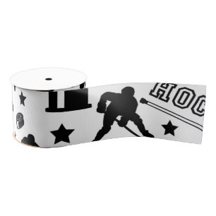 Ice Hockey Puck Sticks Player Pattern Fun Sports Grosgrain Ribbon