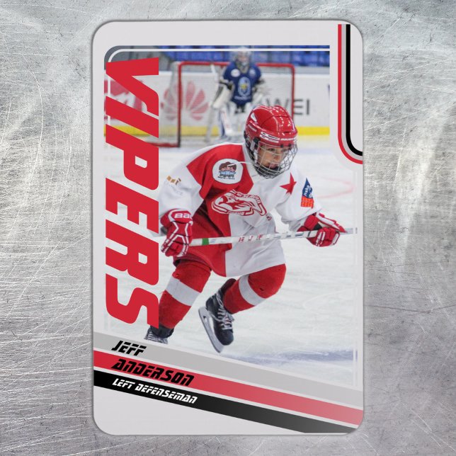 Ice Hockey Red Trading Card Magnet (Ice Hockey Trading Card Magnet: Stylish red design on grey with black stripes. Perfect for kids!)