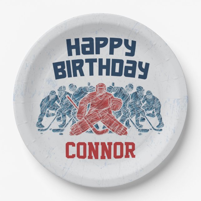 Ice Hockey Skate Rink Happy Birthday Paper Plates (Front)