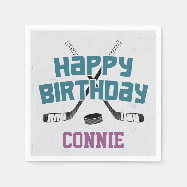 Ice Hockey Skate Rink Purple Happy Birthday Napkin (Front)