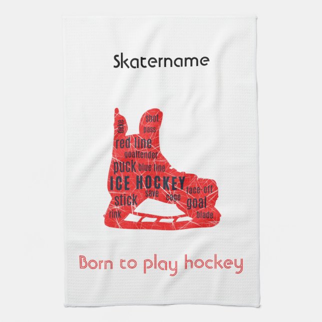 Ice hockey skate towel - Red skate with words (Vertical)