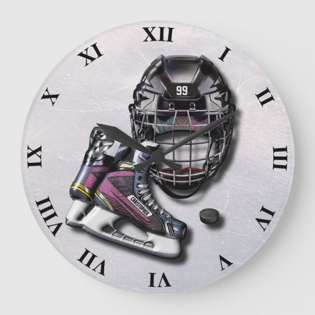 Ice Hockey Skates Helmet Puck With Name And Number Large Clock (Front)