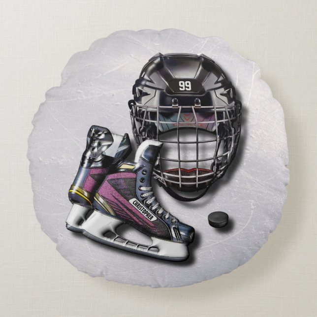 Ice Hockey Skates Helmet Puck With Name And Number Round Pillow (Front)