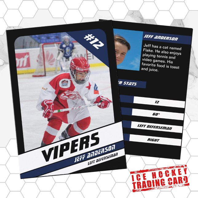 Ice Hockey Trading Card in Vibrant Blue Black (Proudly share youre kids' achievements with this blue white card)