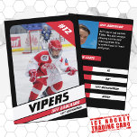 Ice Hockey Trading Card in Vibrant Red Black<br><div class="desc">Parents of little league ice hockey players can proudly share their kids' achievements on the field with these customizable red and black trading cards. Both photos, front and back, can be altered to showcase your own little leaguer, including a changeable Jersey Number. Nearly all text on the back can be...</div>