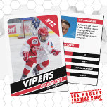 Ice Hockey Trading Card in Vigourous Red White<br><div class="desc">Parents of young ice hockey players in little leagues can proudly display their kids' accomplishments on the ice using these customizable red and white trading cards. Both the front and back photos can be adjusted to spotlight your young player, allowing for a changeable Jersey Number. Almost all text on the...</div>