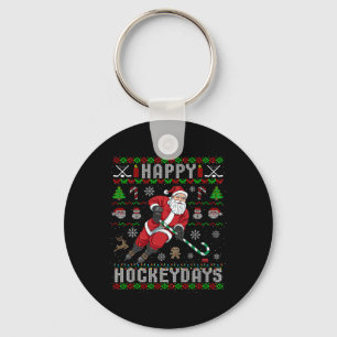 Ice Hockey Ugly Christmas Santa Claus Happy Hockey Keychain