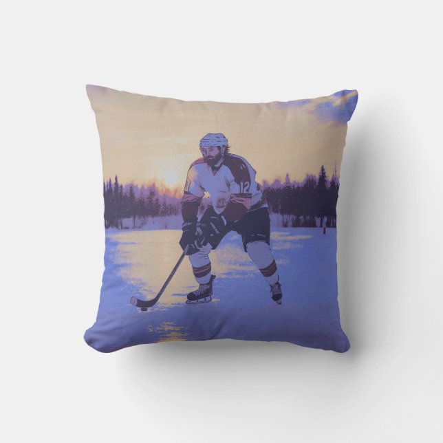 Ice Hocky Player at Sunrise Throw Pillow (Front)