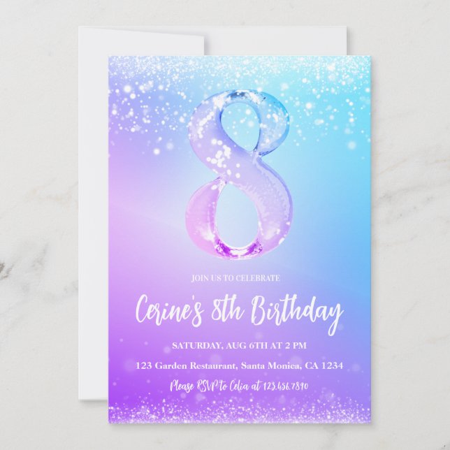 Ice number white glitter Girl 8th Birthday  Invitation (Front)