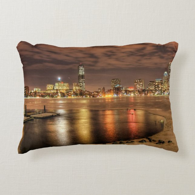 Ice partially melted on Charles River in Boston Decorative Pillow (Front)