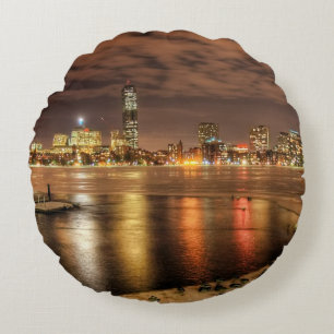 Ice partially melted on Charles River in Boston Round Pillow