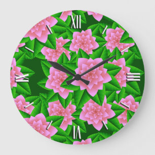 Ice Pink Camellias and Green Leaves Large Clock