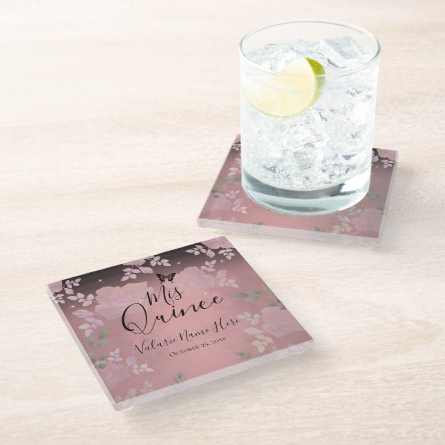 Ice Pink Fancy Roses Quinceanera Pink Glass Coaster (Angled)