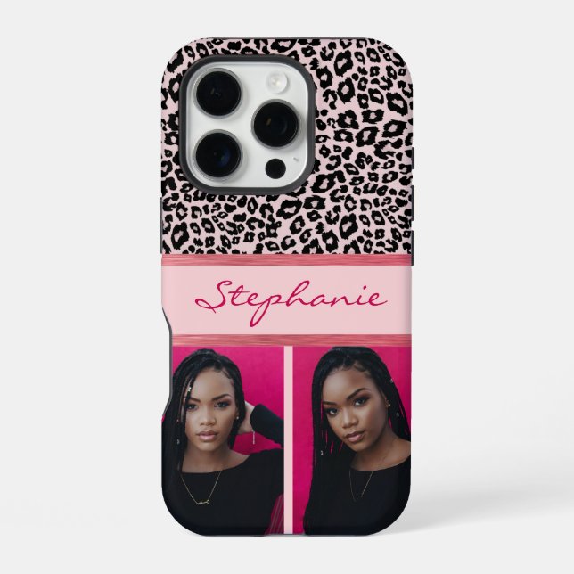 Ice Pink Leopard Print Photo Collage iPhone Case (Back)
