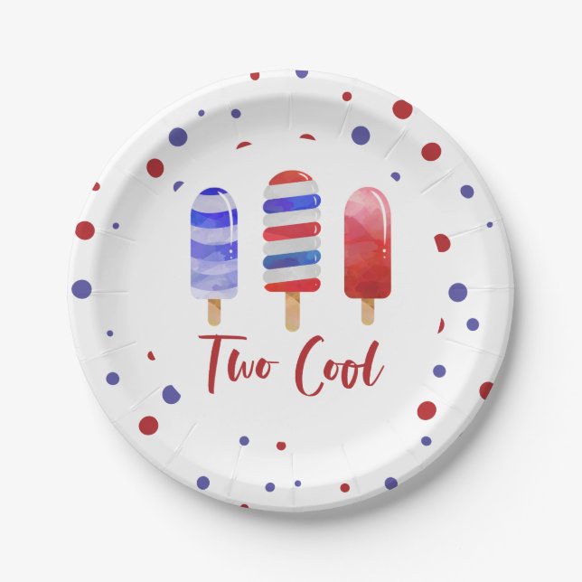 Ice Pops Two Cool Red White Blue 2nd Birthday Paper Plate (Front)