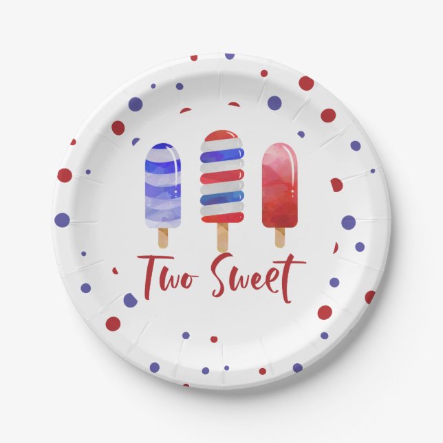 Ice Pops Two Sweet Red White Blue 2nd Birthday Paper Plate (Front)