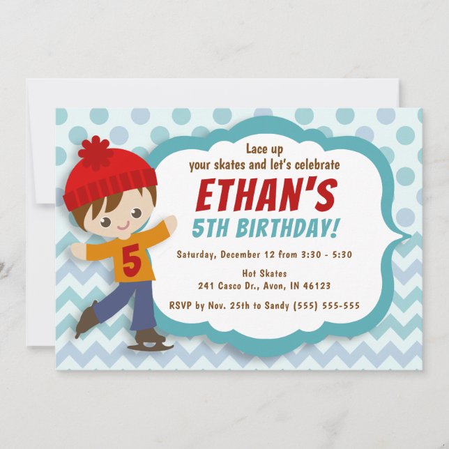 Ice Skate Boy Blue Ice Skating Birthday Invite (Front)