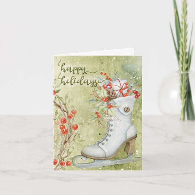 Ice Skate, Wreath and Berries on Green Background Holiday Card (Front)