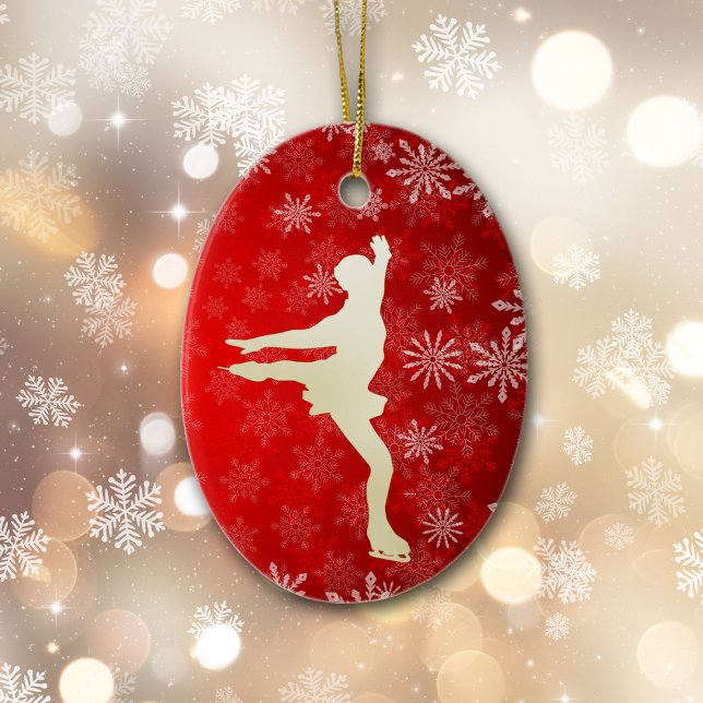 Ice Skater Gold Snowflakes on Bright Red Ceramic Ornament (Creator Uploaded)