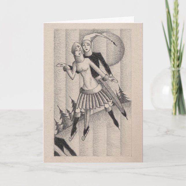 Ice Skaters 1920"s Deco Holiday Card (Front)