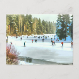 Ice Skaters on A Pond Watercolor Winter Landscape Postcard