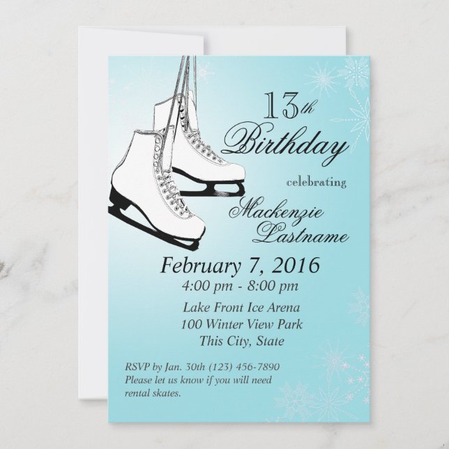 Ice Skates and Snowflakes Birthday Invitation (Front)