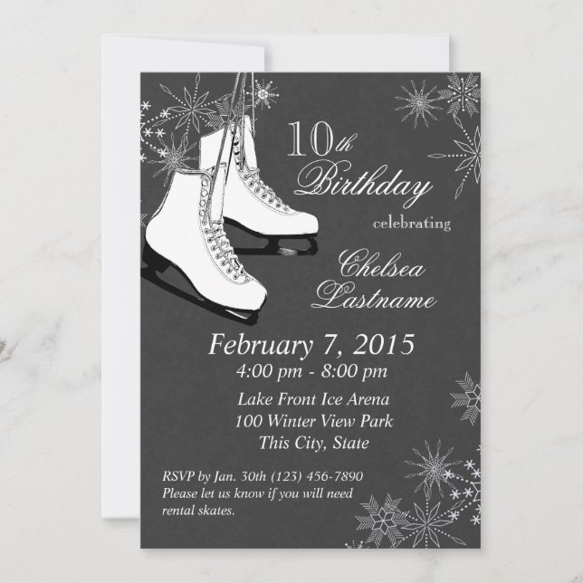Ice Skates and Snowflakes Birthday Invitation (Front)