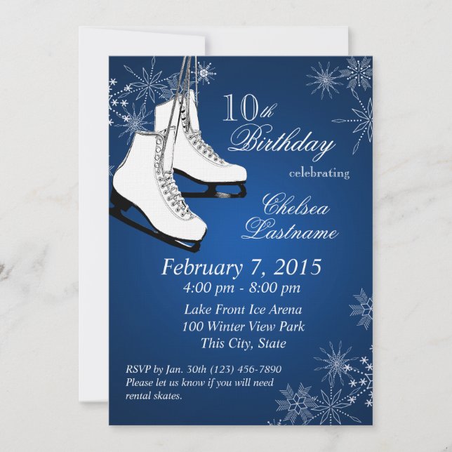 Ice Skates and Snowflakes Blue Birthday Invitation (Front)