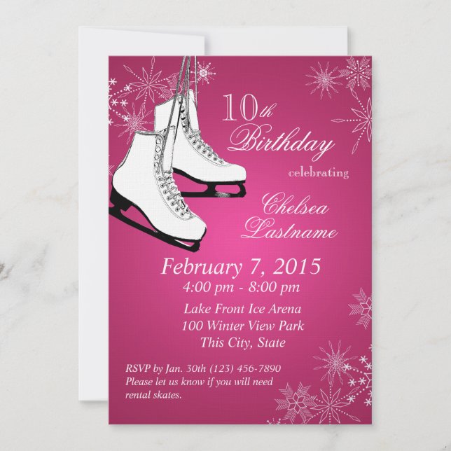 Ice Skates and Snowflakes Pink Birthday Invitation (Front)