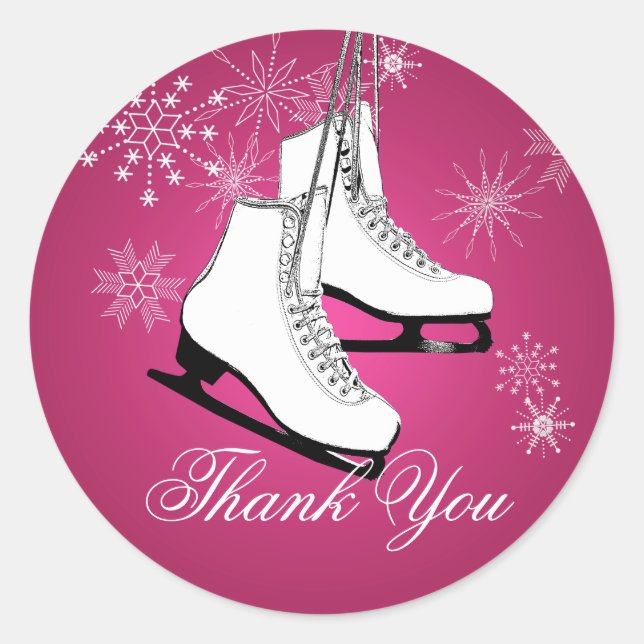 Ice Skates and Snowflakes Pink Classic Round Sticker (Front)