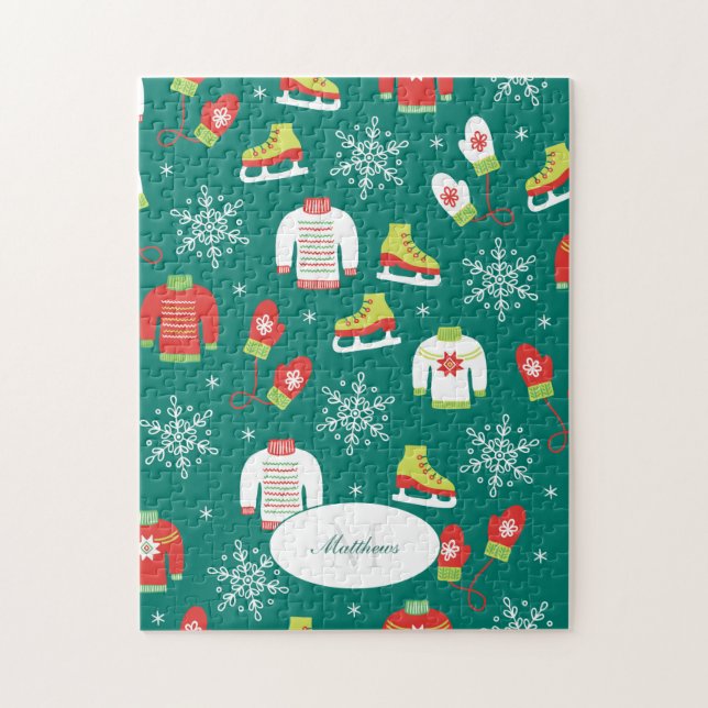 Ice Skates and Snowflakes Teal Monogram Pattern Jigsaw Puzzle (Vertical)