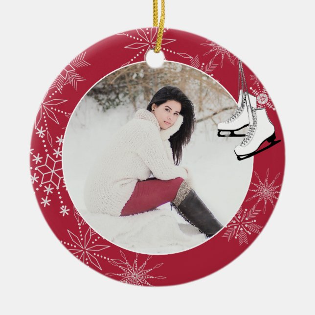 Ice Skates and Snowflakes with Photo Ceramic Ornam Ceramic Ornament (Front)