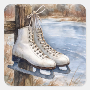 Ice Skates Hanging on a Fence Post Square Sticker