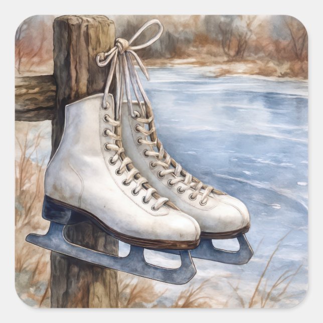 Ice Skates Hanging on a Fence Post Square Sticker (Front)