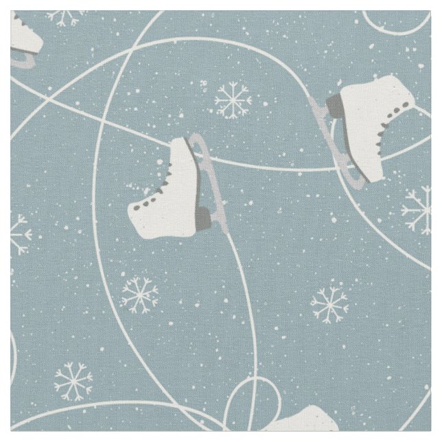 Ice Skates Snowflakes Ice Trails Blue Grey Fabric (Close Up)
