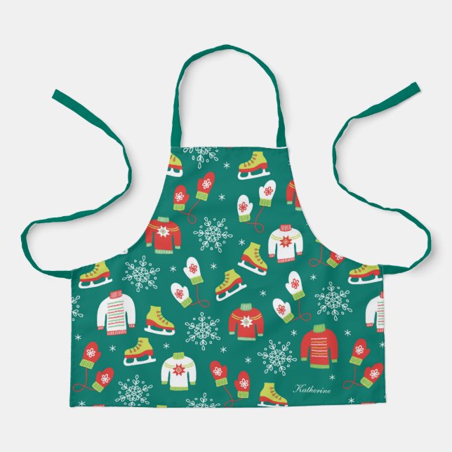 Ice Skates Snowflakes Teal Monogram Pattern Kids A Apron (Front)