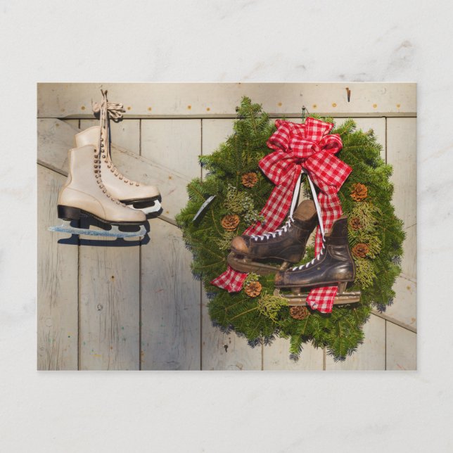 Ice Skates with Christmas Wreath Holiday Postcard (Front)