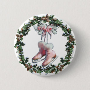 ICE SKATES & WREATH by SHARON SHARPE 2 Inch Round Button