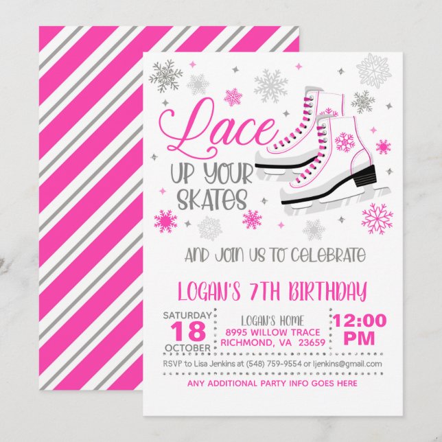 Ice Skating Birthday - Girl - Pink Invitation (Front/Back)