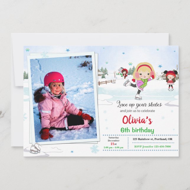 Ice skating birthday invitation Winter invitation (Front)
