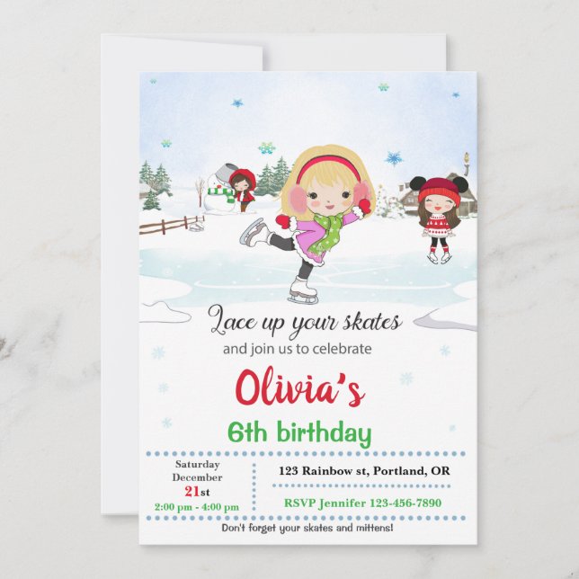 Ice skating birthday invitation Winter invitation (Front)