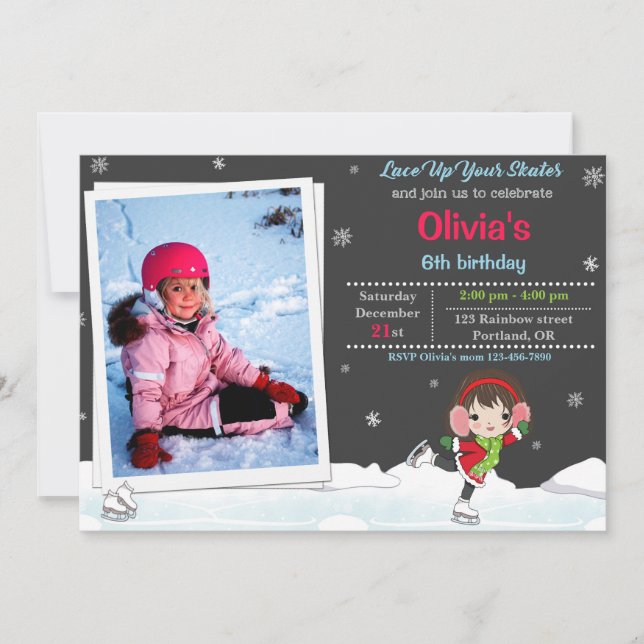 Ice skating birthday invitation Winter invitation (Front)