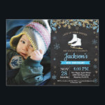 Ice Skating Birthday Party Blue Skate Photo Invitation<br><div class="desc">Ice Skating Birthday Party Blue Skate Invitation with custom photo. Boy Birthday. Blue and Gold Glitter Snowflake. Winter Christmas Holiday. Chalkboard Background. Black and White. 1st 2nd 3rd 4th 5th 6th 7th 8th 9th 10th 11th 12th 13th 14th 15th, any age. For further customization, please click the "Customize it" button...</div>