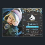 Ice Skating Birthday Party Blue Skate Photo Invitation<br><div class="desc">Ice Skating Birthday Party Blue Skate Invitation with custom photo. Boy Birthday. Blue and Gold Glitter Snowflake. Winter Christmas Holiday. Chalkboard Background. Black and White. 1st 2nd 3rd 4th 5th 6th 7th 8th 9th 10th 11th 12th 13th 14th 15th, any age. For further customization, please click the "Customize it" button...</div>