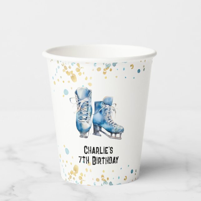 Ice Skating Birthday Party Paper Cups, Blue Gold Paper Cups (Front)
